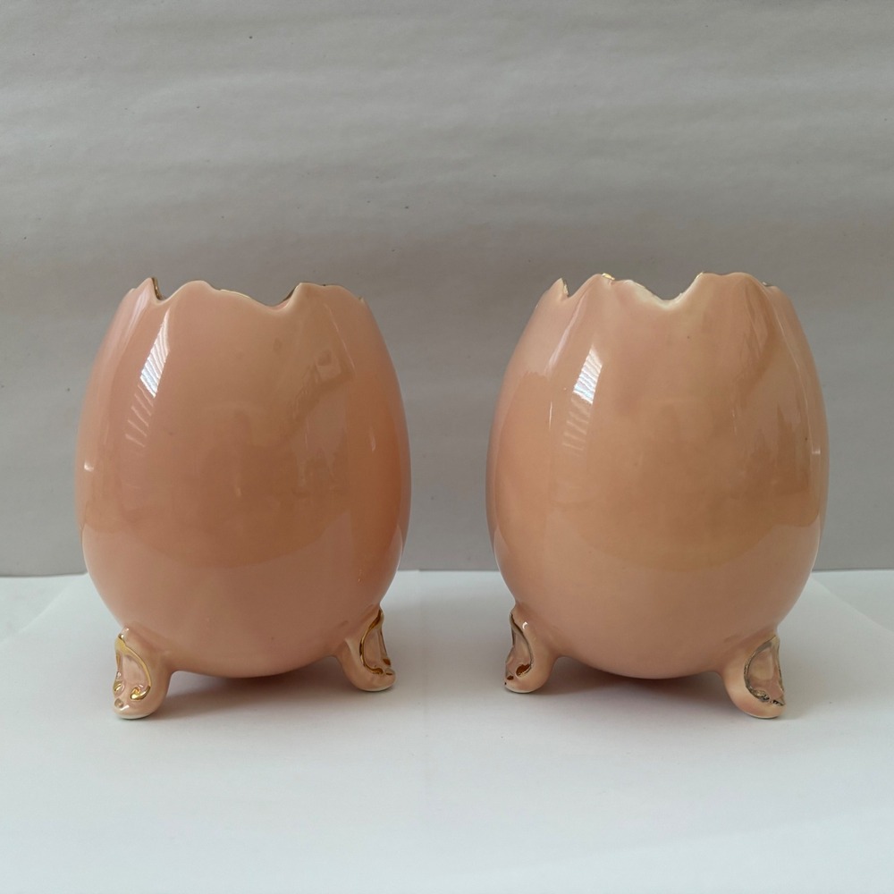 Faberge Cracked Egg Ceramic Vases Set of 2 Pink Gold Trim Three Footed Planters